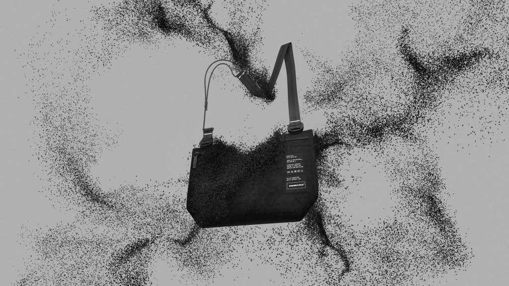 Musette di Freitag che si decompone in un granulato di PA6, poliammide 6