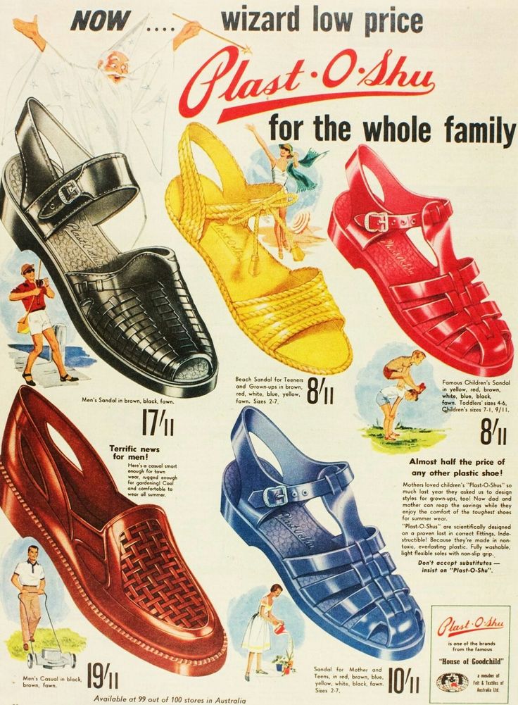 pubblicità di House of Goodchild del 1959 in cui si vedono 6 scarpe chiamate jelly shoes. Nero, giallo, rosso e blu accesso per queste scarpe gelatinose reticolate