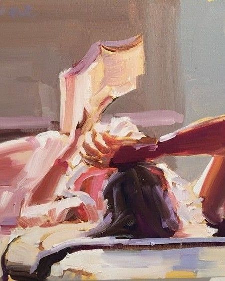 Dipinto di ragazza che legge sul letto con toni caldi e rossi. Foto inserita in un articolo che parla dell'utilità dell'inutile e quanto sia importante riposare e non sempre produrre