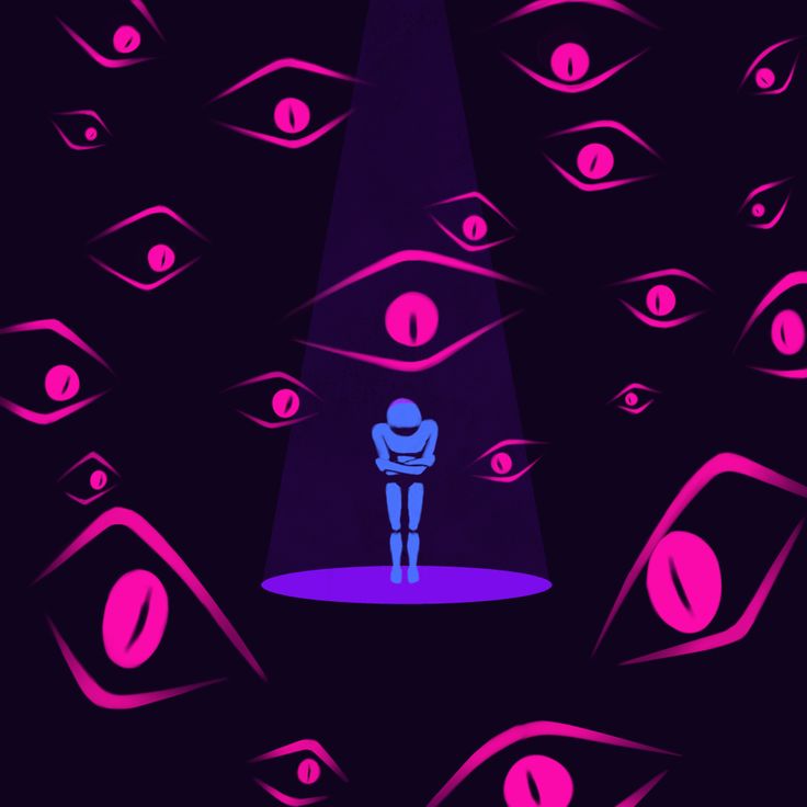 Ragazzo animato dentro uno spazio buio con tanti occhi che lo guardano aspettando il suo prossimo movimento