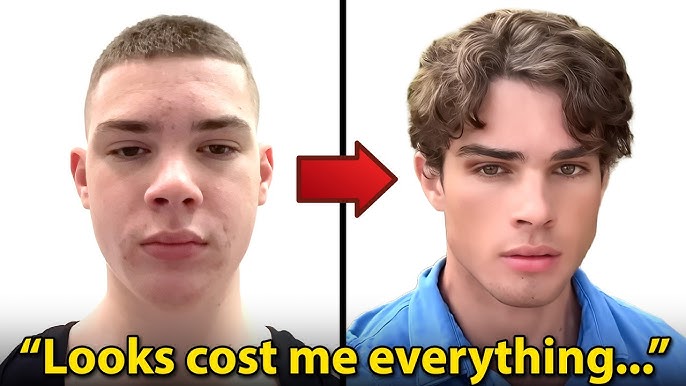 Immagine confronto before and after di Clavicular con freccia rossa centrale, che mostra la trasformazione estetica legata al fenomeno del looksmaxing.