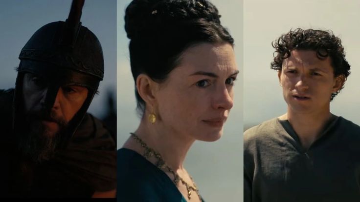 Matt damon Anne Hathaway and Tom Holland in The Odyssey movie 2026